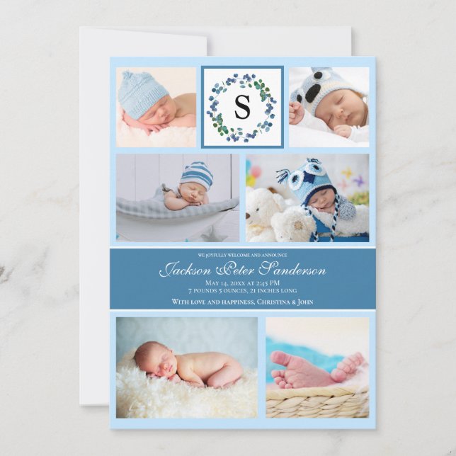 Baby Boy Photo Collage Birth Announcement Monogram (Front)