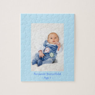 Baby Boy Photo in Blue Frame with Name Jigsaw Puzzle