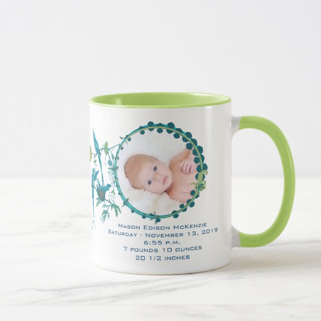 Baby Boy Photo Mug Baby Stats Cute Birds (Right)