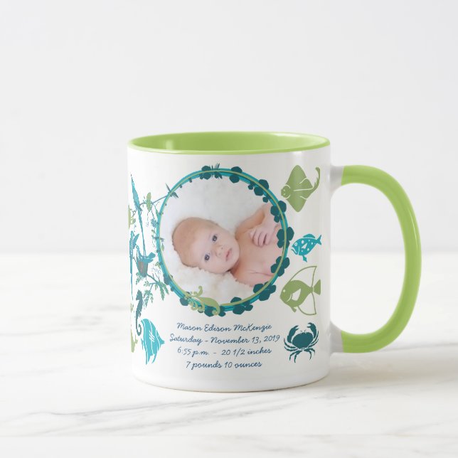 Baby Boy Photo Mug Baby Stats Cute Birds (Right)