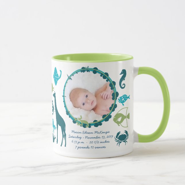 Baby Boy Photo Mug Baby Stats Cute Birds (Right)