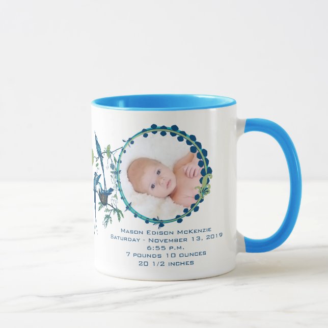 Baby Boy Photo Mug Baby Stats mignons Oiseaux (Droite)
