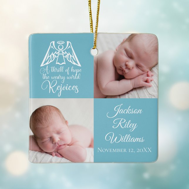 Baby Boy Photo Rejoice Angel Cute Blue Christmas Ceramic Ornament (Creator Uploaded)