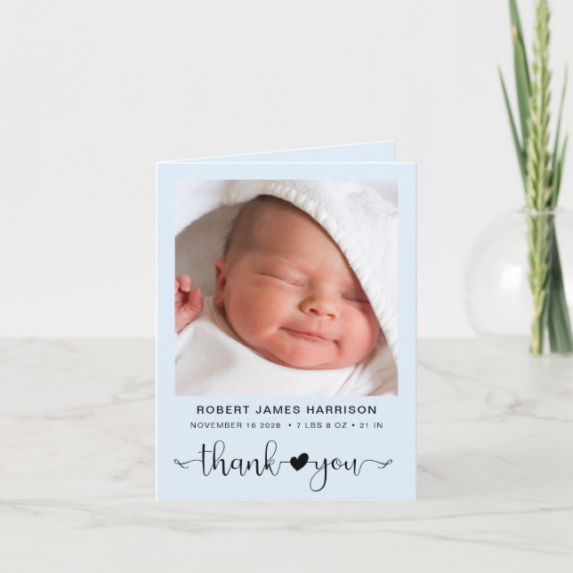 Baby Boy Photo Thank You Blue Birth Announcement (Front)