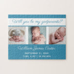 Baby Boy Photo Will You Be My Godparents Cute Blue Jigsaw Puzzle<br><div class="desc">Will you be my godparents? A classic baby boy photo puzzle in cerulean blue with beautiful cursive typography above your sweet newborn photograph collage. Customize this keepsake gift with your favourite pictures of your new infant above their birth date and height and weight stats.</div>