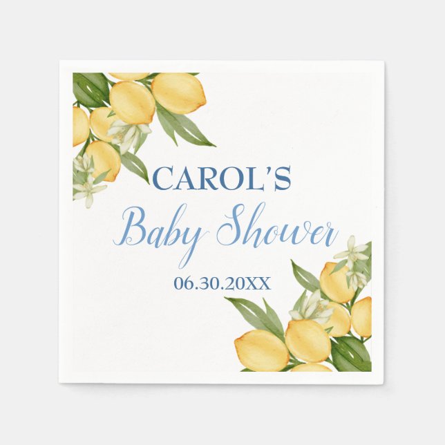 Baby Boy Positano Lemons Blue Pattern Baby Shower Napkin (Front)