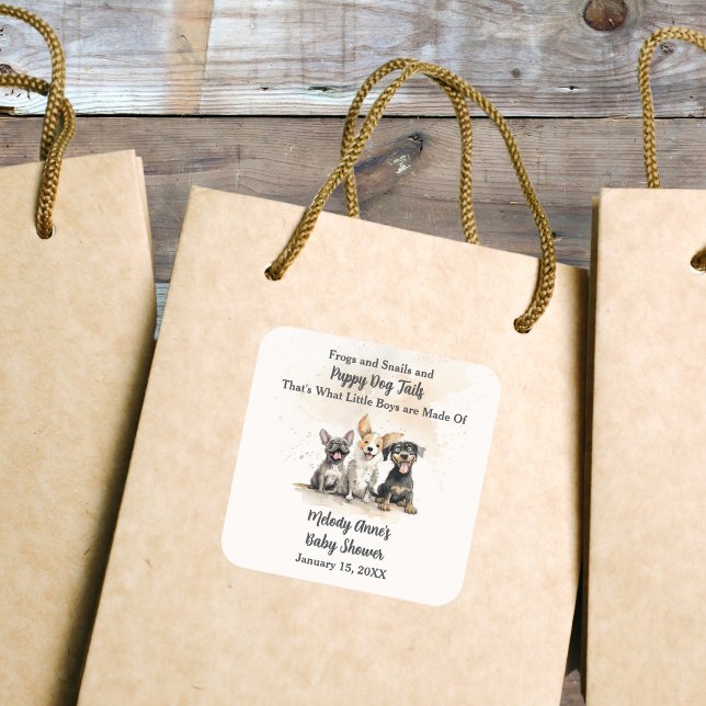 Baby Boy Puppy Dog Tails Baby Shower Square Sticker (Baby Boy Puppy Dog Tails Baby Shower Sticker with Watercolor Puppies, Mom's Name, Shower Date.)