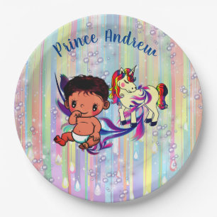 Baby Boy rainbow Bubbles & Unicorns Baby Shower Paper Plate