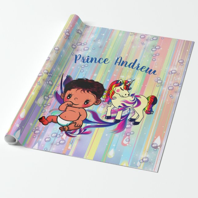 Baby Boy rainbow Bubbles & Unicorns Baby Shower Wrapping Paper (Unrolled)