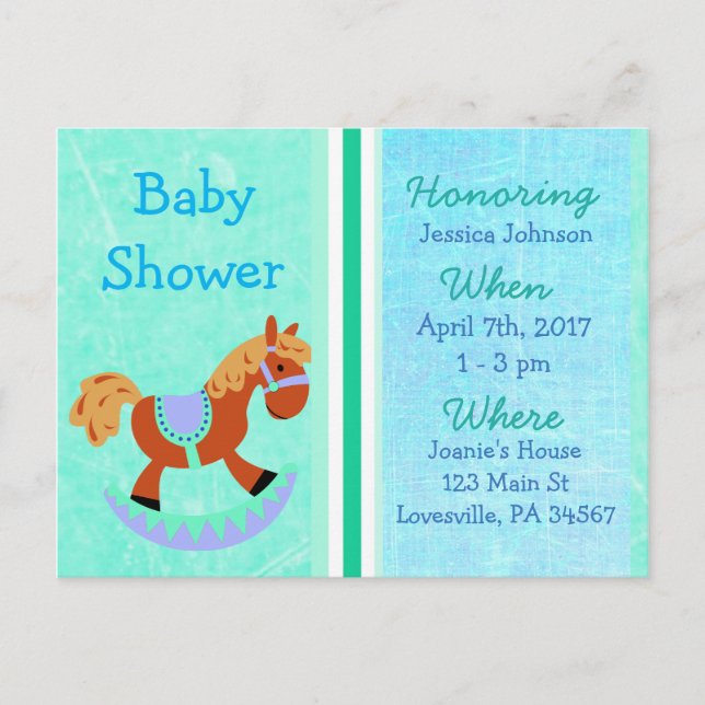 Baby Boy Rocking Horse Blue Baby Shower Invitation (Front)
