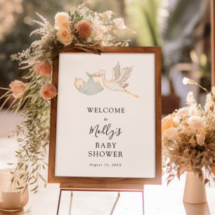 Baby Boy Sage Green Stork Baby Shower Welcome Poster