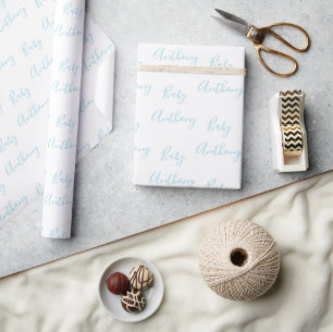 Baby Boy Script Blue Name Customized Wrapping Paper