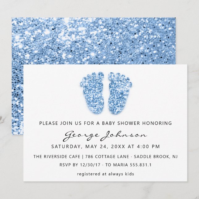 Baby Boy Shower Feet Glitter Blue White Lux Invitation (Front/Back)