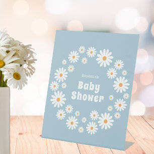Baby Boy Shower Flower Power Daisy Wreath Blue Pedestal Sign