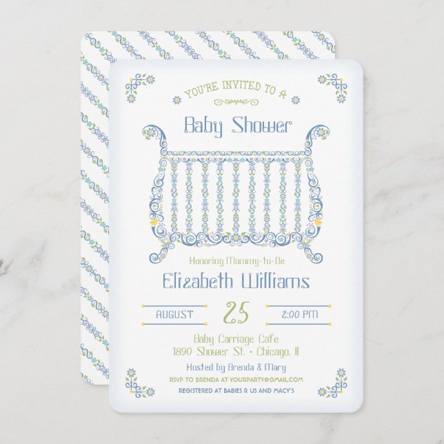 Baby Boy Shower Invitation - Lacy Crib - Blue (Front/Back)