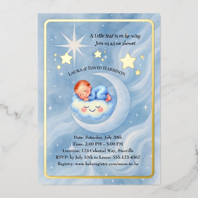 Baby Boy Shower Invite Moonlight Stars Watercolor (Front)