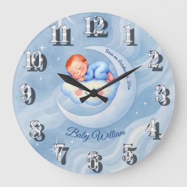 Baby Boy Shower Invite Moonlight Stars Watercolor Large Clock (Front)