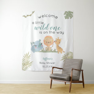 Baby Boy Shower Safari Animals Backdrop Sign Tapestry