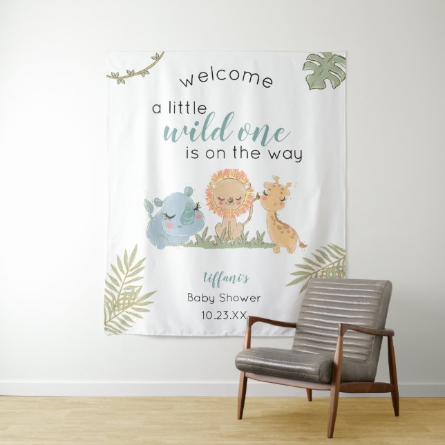Baby Boy Shower Safari Animals Backdrop Sign Tapestry (In Situ)