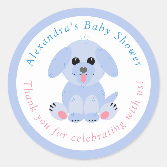 Baby Boy Shower Thank You Personalized Blue Puppy Classic Round Sticker (Front)