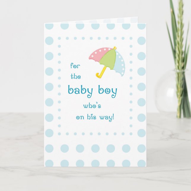 Baby Boy Shower, Umbrella with Blue Dots Invitation (Front)