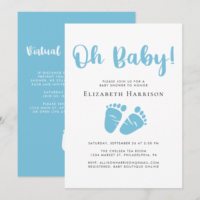 Baby Boy Shower with Virtual Option Blue Invitation (Front/Back)