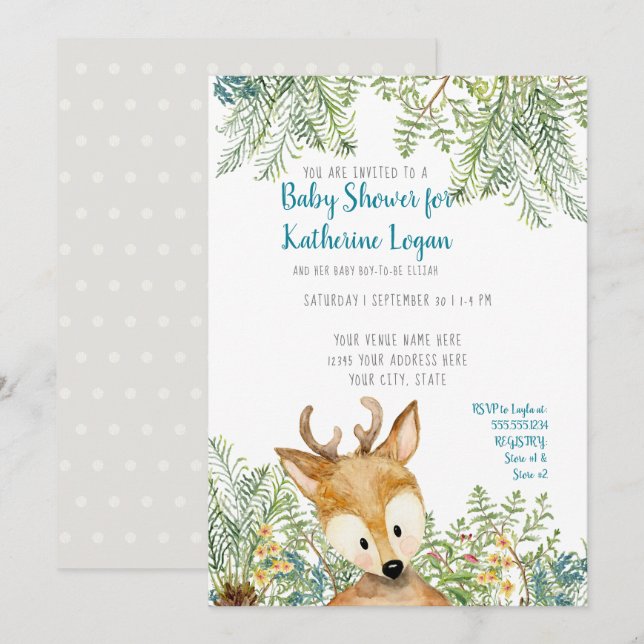 Baby Boy Shower Woodland Forest Deer Forest Grey Invitation (Front/Back)