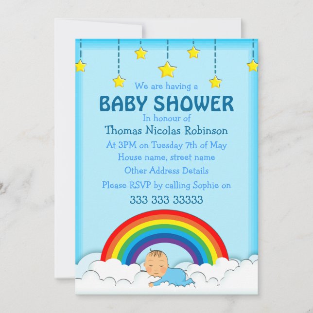 Baby boy sleeping under a Rainbow and clouds Invitation (Front)