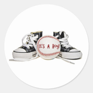 Baby Boy Sneaker and Baseball Announcement  Classic Round Sticker