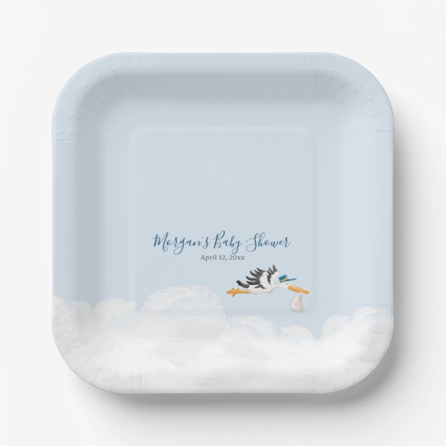 Baby Boy "Special Delivery" Stork Baby Shower Paper Plate (Front)