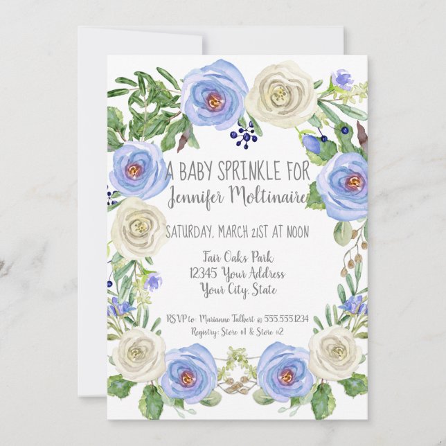 Baby Boy Sprinkle Shower Blue n White Rose Floral Invitation (Front)
