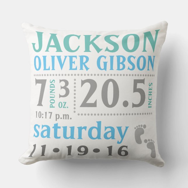 Baby boy Stats Announcement Pillow blue green grey (Front)