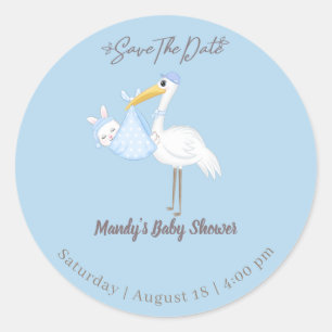 Baby Boy Stork Rabbit Save the Date Classic Round Sticker