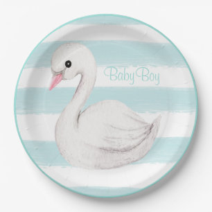 Baby Boy Swan Blue Script Baby Shower Paper Plate