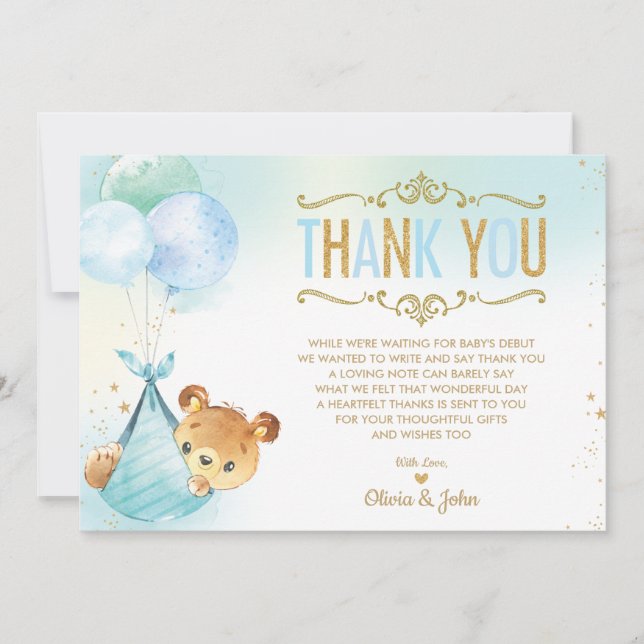 Baby Boy Teddy Bear Balloons Baby Shower Sprinkle Thank You Card (Front)