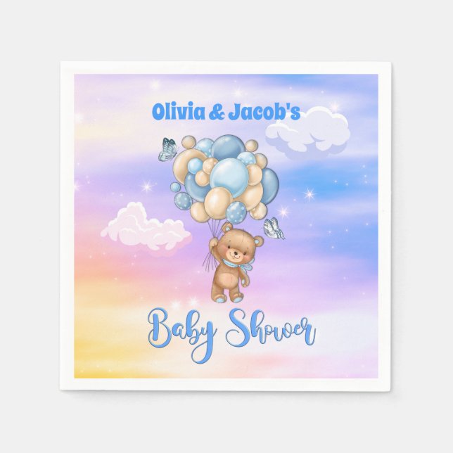 Baby Boy Teddy Bear Blue Baby Shower Napkin (Front)