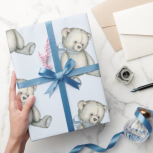 Baby Boy Teddy Bear Blue Watercolor Gift Wrapping  Paper