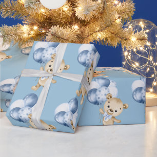 Baby Boy Teddy Bear Blue Watercolor Wrapping Paper