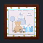 Baby Boy Teddy Bear Cake Christening Keepsakes Gift Box<br><div class="desc">Great to keep those small mementos from this special occasion in one place, the design is a cute teddy bear sits in front of an elegant blue christening cake alongside a balloon and gift, edged with large gold dots.The informal typography Christening Keepsakes and your baby’s name and date of birth...</div>