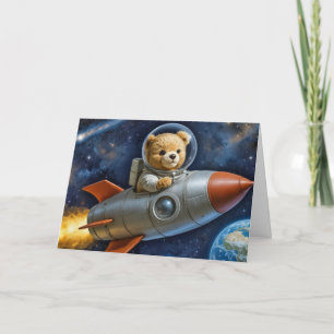 Baby Boy Teddy Bear In a Rocket Card