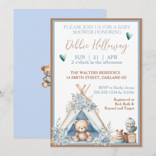 Baby Boy Teddy Bear in Teepee Baby Shower Invitation