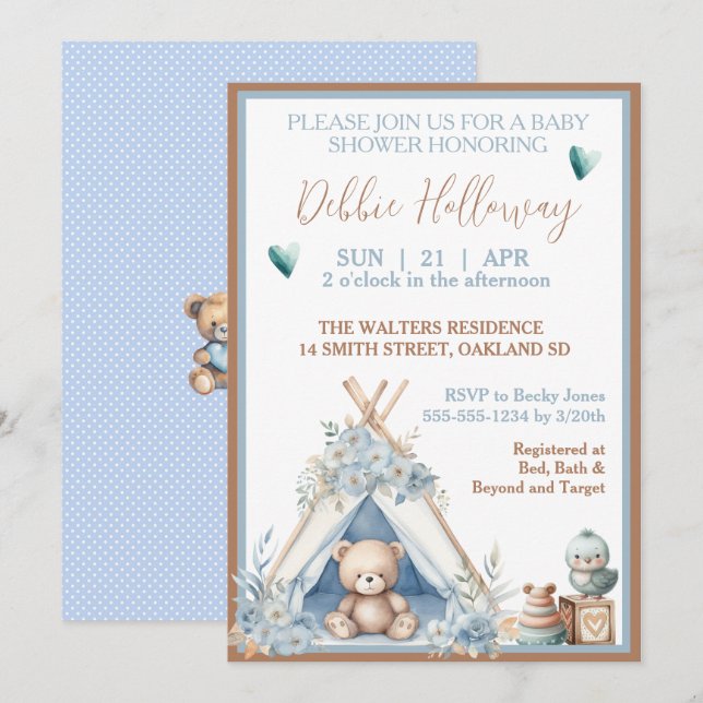 Baby Boy Teddy Bear in Teepee Baby Shower Invitation (Front/Back)