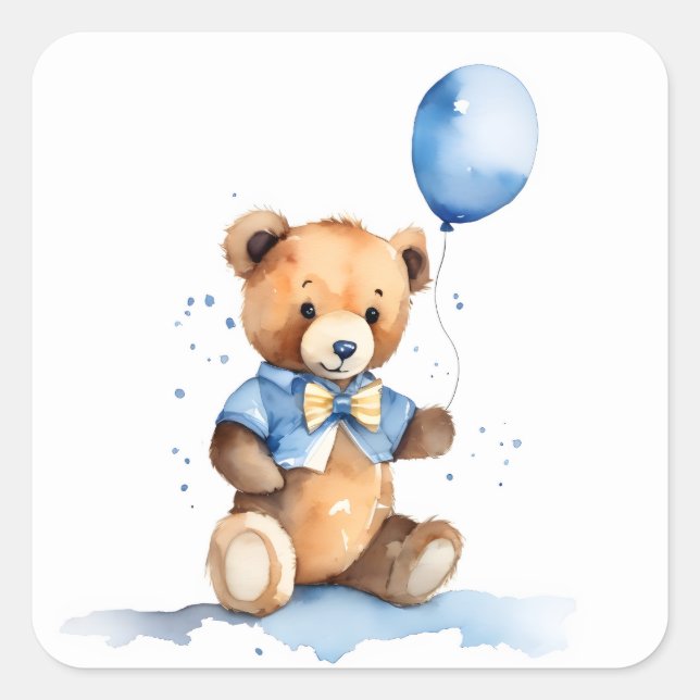 Baby Boy Teddy Bear With Blue Balloon Square Sticker (Front)