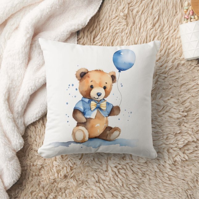 Baby Boy Teddy Bear With Blue Balloon Throw Pillow (Blanket)