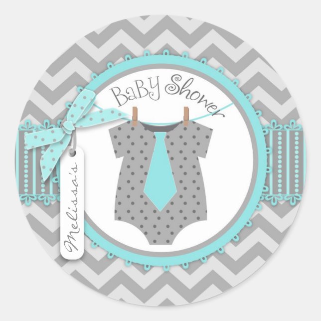 Baby Boy Tie Chevron Print Baby Shower Classic Round Sticker (Front)