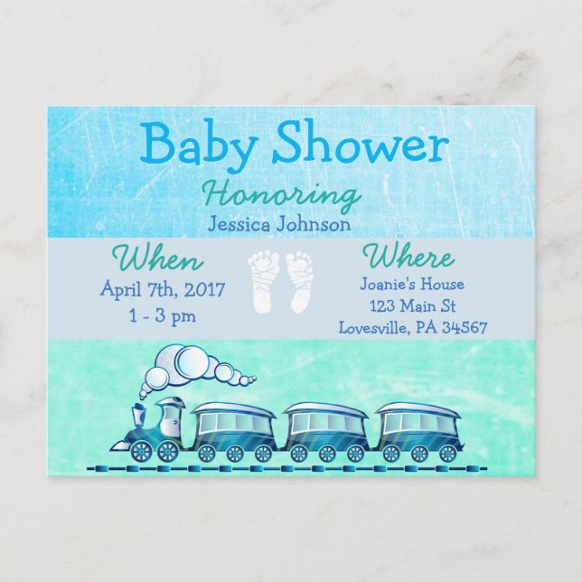 Baby Boy Train Blue Baby shower Invitation (Devant)