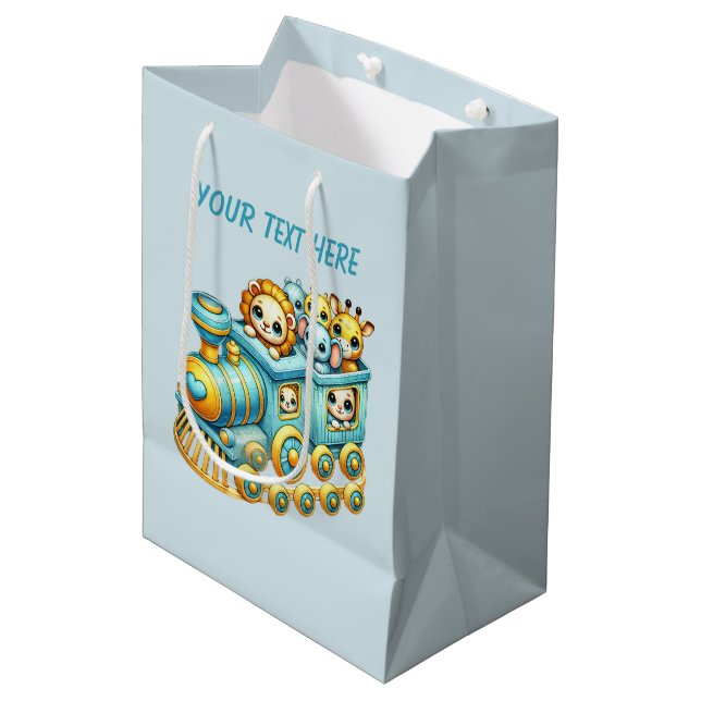 Baby boy train customizable medium gift bag (Front Angled)