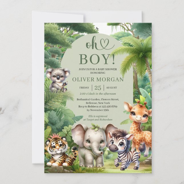 Baby Boy Tropical Jungle Safari Animals Shower Invitation (Front)