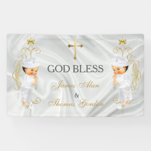 Baby Boy Twins Baptism Christening Gold Banner