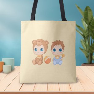Baby Boy Twins Bear Jumpsuit on Yellow Tote Bag